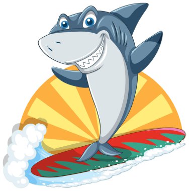 Shark on surfboard with ocean wave illustration
