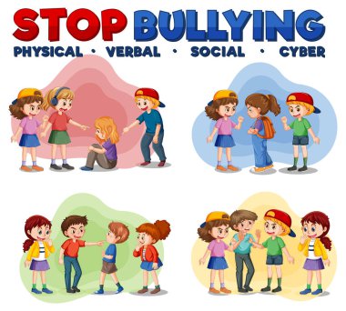 Stop Bullying text with cartoon character illustration