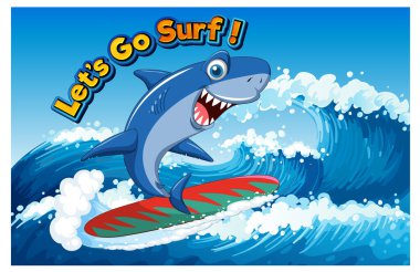 Cute shark surfing cartoon ocean scene illustration