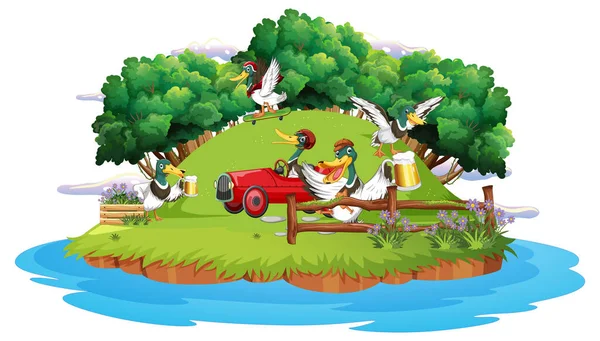 Happy Duck Group Nature Scene Illustration — Stock Vector
