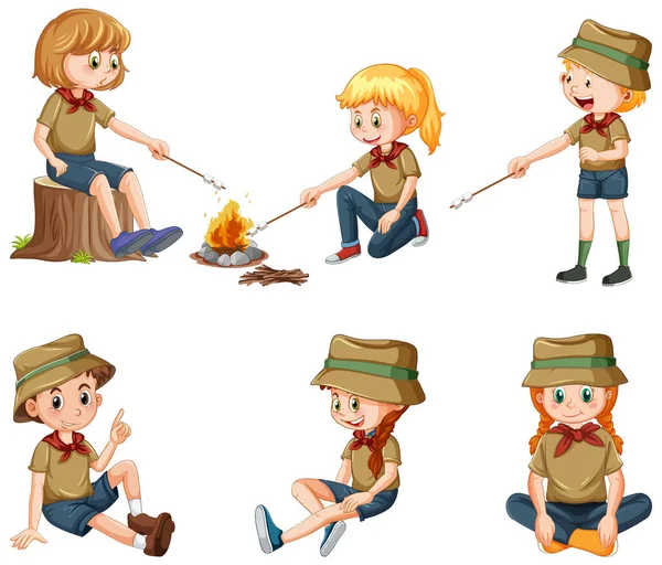 Conjunto Diferentes Niños Camping Ilustración — Archivo Imágenes Vectoriales