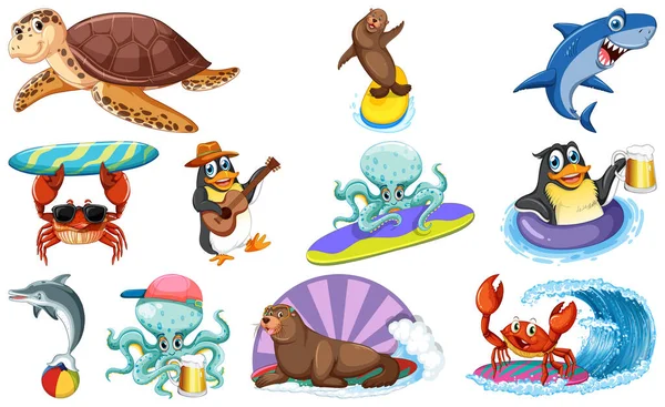 Set Various Sea Animals Cartoon Characters Illustration — Vector de stock