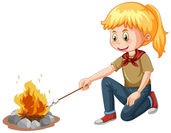 Kamp Kızı Kamp Ateşinde Şekerleme Pişiriyor — Stok Vektör