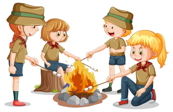 Camping Bambini Stile Cartone Animato Illustrazione — Vettoriale Stock