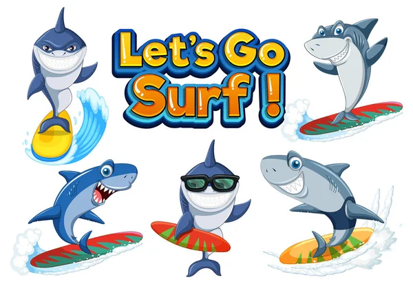 Set Squalo Cartone Animato Personaggio Surf Illustrazione — Vettoriale Stock