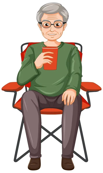 キャンプチェアイラストの男性シニア漫画キャラクターコーヒーを飲む — ストックベクタ