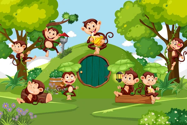Happy Monkey Family Forest Illustration — Stock vektor