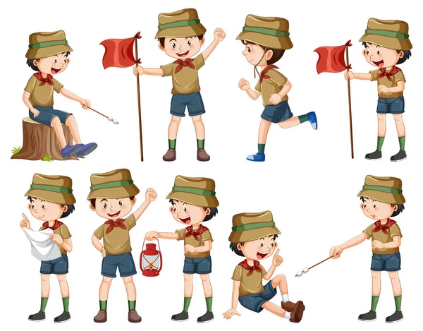 Set Diverse Illustrazioni Bambini Scout — Vettoriale Stock