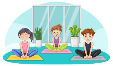 Yoga illüstrasyonu yapan bir grup insan.