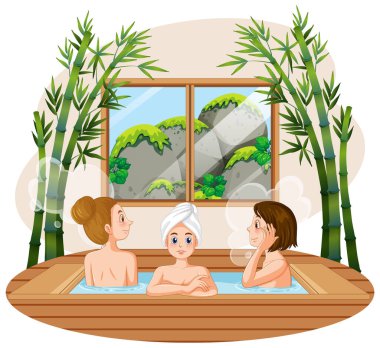 Üç kadın ahşap jakuzi spa illüstrasyonu