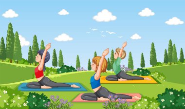 Park illüstrasyonunda yoga yapanlar