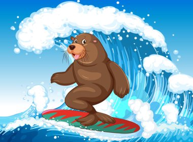Sea lion on surfboard in the ocean illustration
