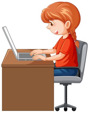 A girl using laptop cartoon illustration