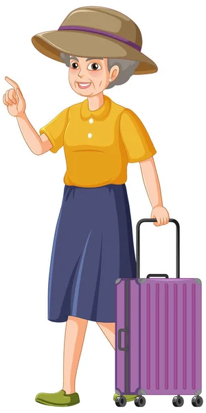 Female Senior Cartoon Character Travel Luggage Illustration — Stock Vector