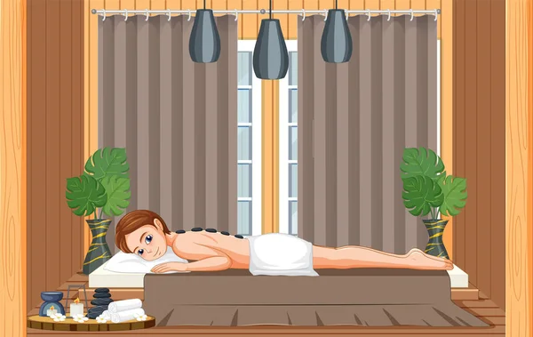 Vrouw Krijgt Steen Massage Spa Scene Illustratie — Stockvector