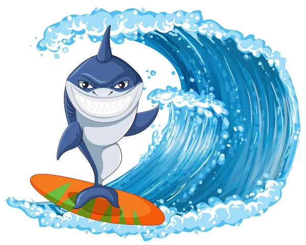 Cute Shark Cartoon Character Surfing Illustration — Vector de stock