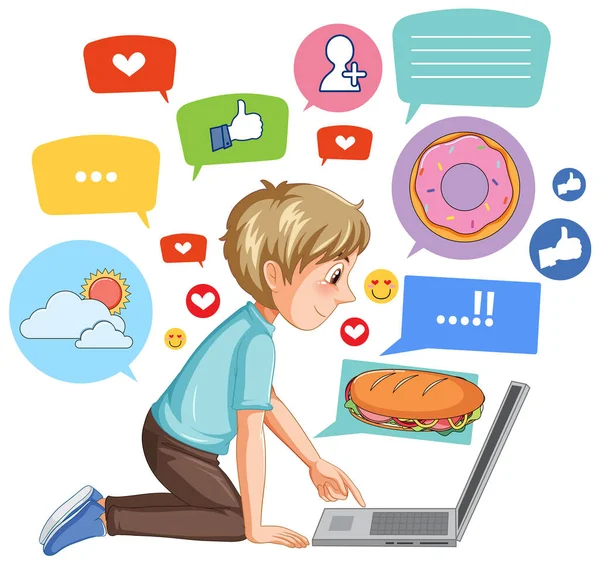 Boy Browsing Social Media Laptop Illustration — Stock vektor