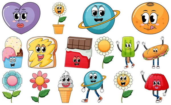 Set Objects Foods Cartoon Characters Illustration — Διανυσματικό Αρχείο