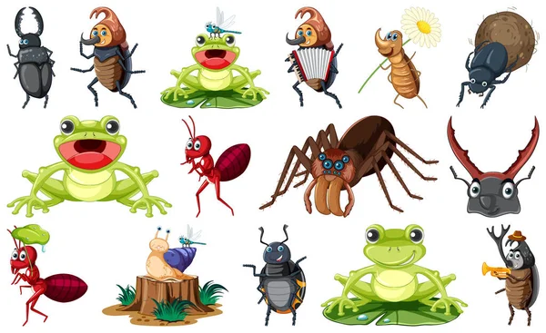 Set Various Insects Amphibians Cartoon Illustration — Stock Vector