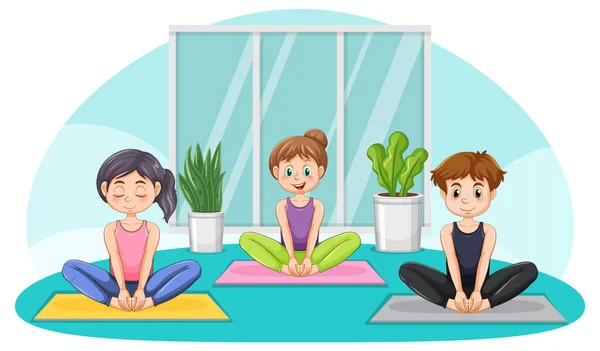 Gruppo Persone Che Praticano Illustrazione Yoga — Vettoriale Stock