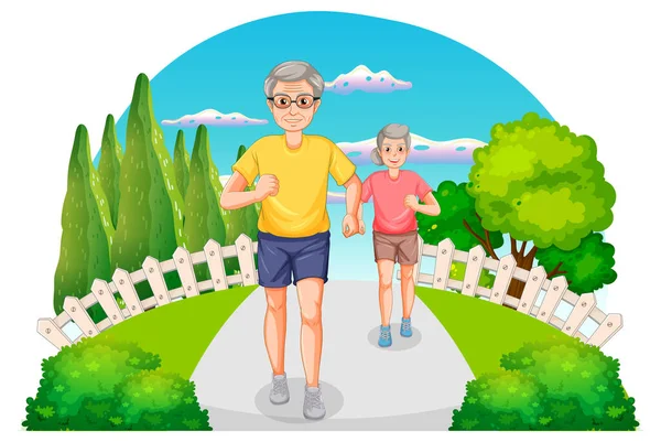 Oudere Paar Joggen Park Illustratie — Stockvector