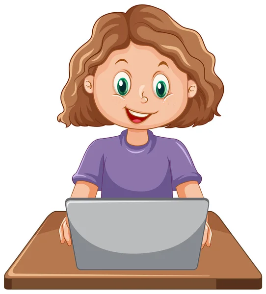 Girl Using Laptop Cartoon Illustration — Image vectorielle