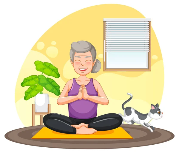 Senior Woman Doing Yoga Illustration — Stock Vector