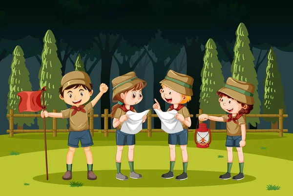 Scout Niños Senderismo Bosque Ilustración — Vector de stock