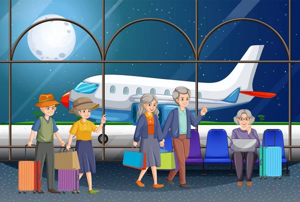 Senior Turister Flygplatsen Terminalen Illustration — Stock vektor