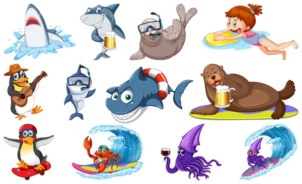 Conjunto Ilustración Personajes Dibujos Animados Animales Marinos — Vector de stock