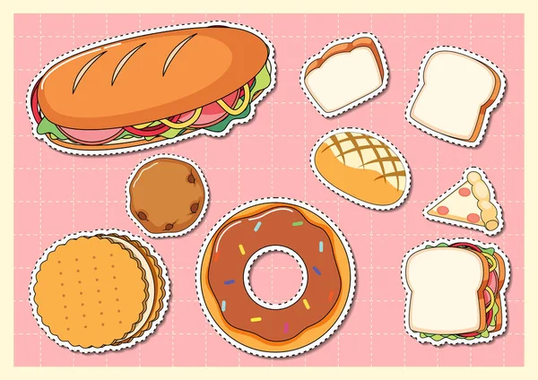 Mixed Food Cartoon Sticker Grid Background Illustration — Vetor de Stock