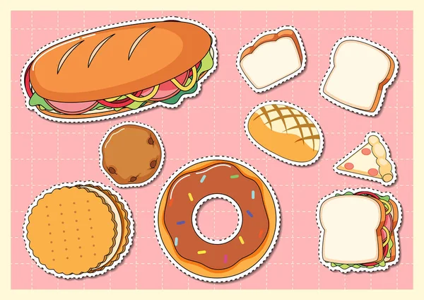 Mixed food cartoon sticker on grid background illustration