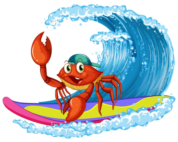 Cute Crab Cartoon Character Surfing Illustration — Vettoriale Stock