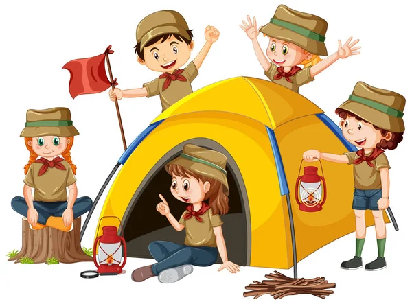 Bambini Felici Campeggio Tenda Illustrazione — Vettoriale Stock