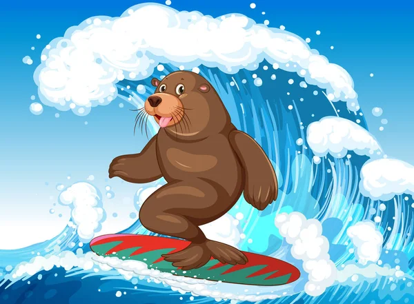 Sea Lion Surfboard Ocean Illustration — Stockový vektor