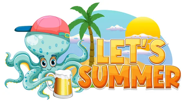 Octopus Stripfiguur Met Laat Zomer Woord Illustratie — Stockvector