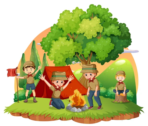 Camping Aire Libre Con Niños Scout Ilustración — Vector de stock