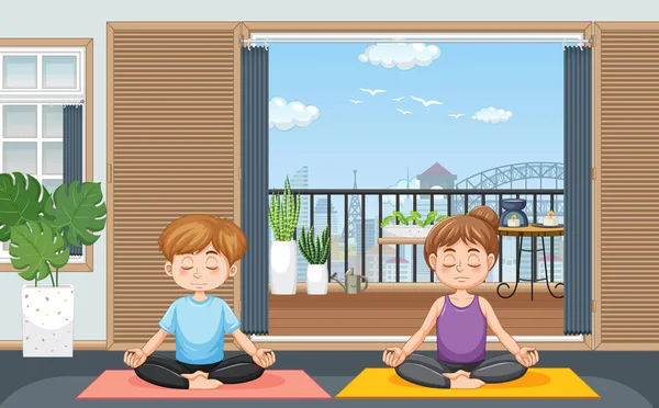 Pareja Haciendo Yoga Casa Ilustración — Archivo Imágenes Vectoriales