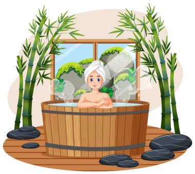 Tahta jakuzi spa resimli kadın.