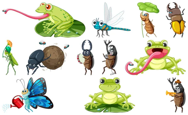 Set Various Insects Amphibians Cartoon Illustration — Vetor de Stock