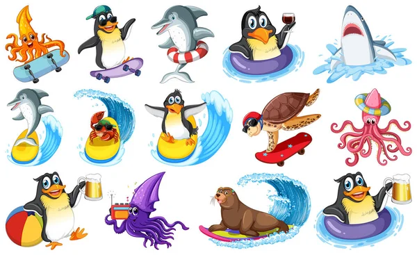 Set Various Sea Animals Cartoon Characters Illustration — 스톡 벡터
