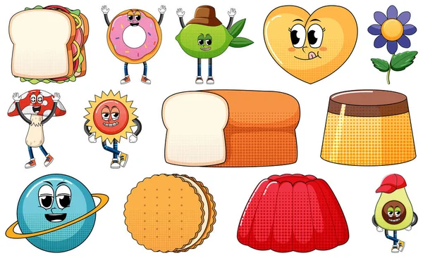 Set Objects Foods Cartoon Characters Illustration — Vettoriale Stock