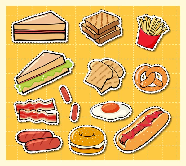 Mixed Food Cartoon Sticker Grid Background Illustration — Archivo Imágenes Vectoriales