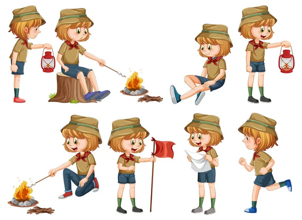 Set Diverse Illustrazioni Bambini Scout — Vettoriale Stock