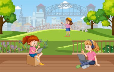 Teknoloji aletleri resimlemesi kullanan insanların olduğu açık hava sahnesi