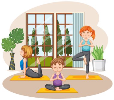 Yoga illüstrasyonu yapan bir grup insan.