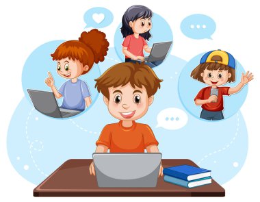 A girl using laptop for online learning illustration