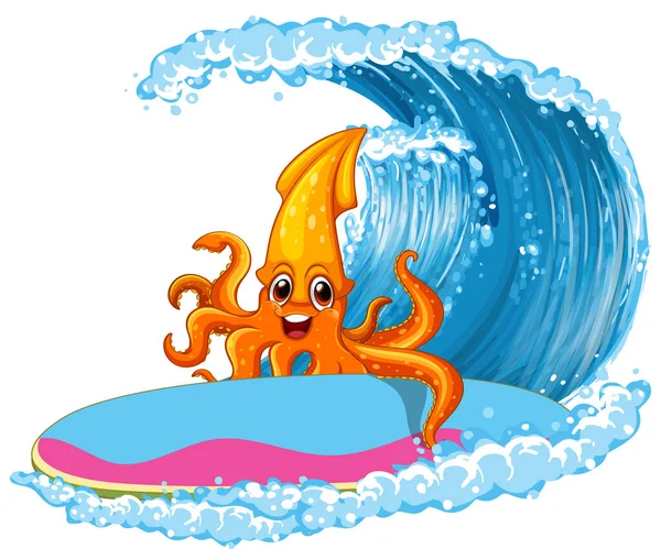 Squid Surfboard Ocean Wave Illustration — Stock Vector