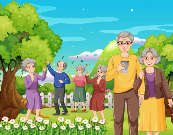 Parco All Aperto Con Illustrazione Persone Anziane — Vettoriale Stock