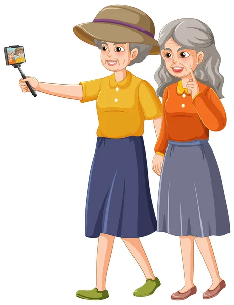 Glada Äldre Kvinnor Som Tar Selfie Illustration — Stock vektor